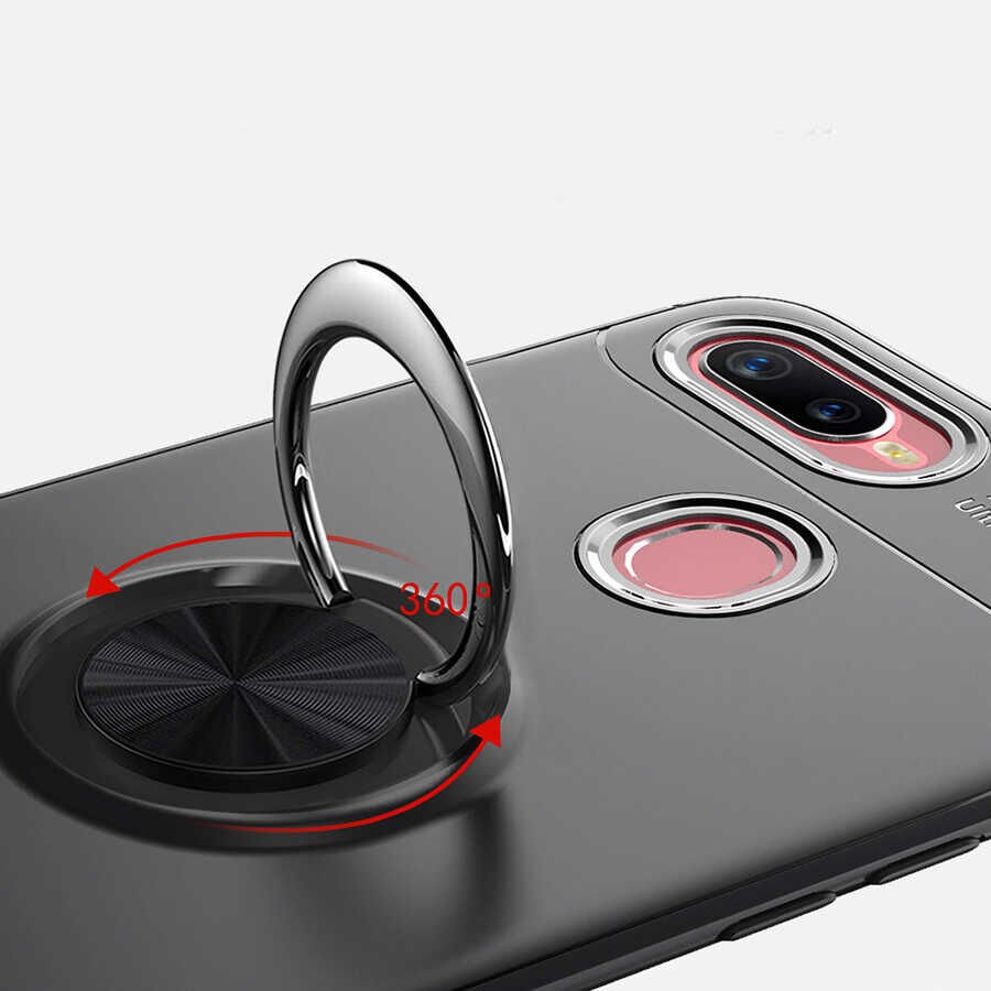 Oppo A12 Kılıf Kamera Çıkıntılı Renkli Yüzüklü Standlı Mıknatıslı Kapak (RAVEL) Siyah-Mavi