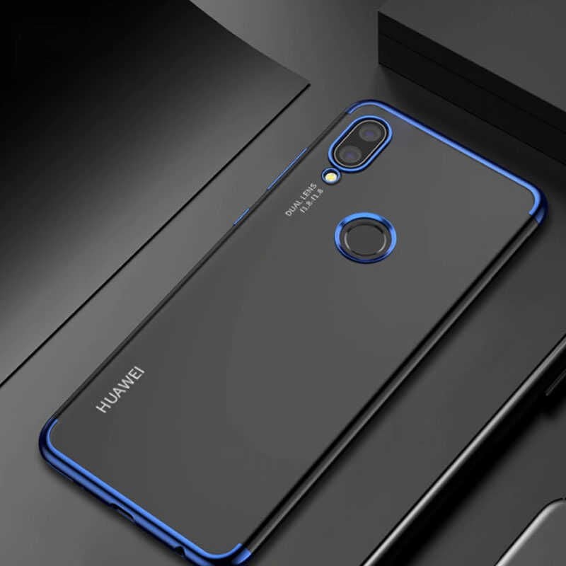 Huawei P Smart 2019 Kılıf Dört Köşe Renkli Lazer Şeffaf Silikon Kapak (GLİTTER) Mavi