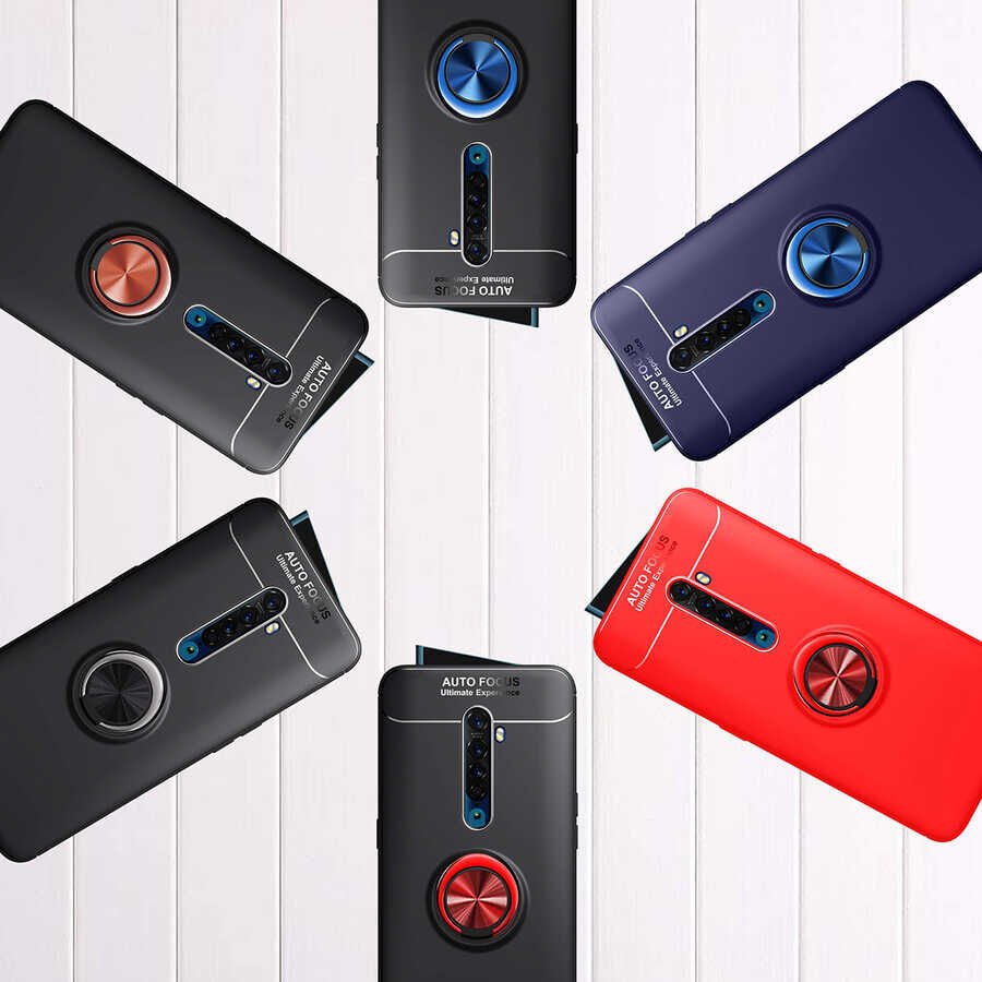 Oppo Reno 2Z Kılıf Kamera Çıkıntılı Renkli Yüzüklü Standlı Mıknatıslı Kapak (RAVEL) Siyah