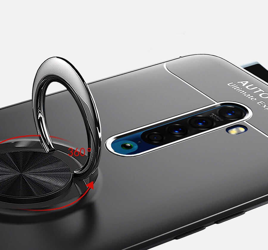 Oppo Reno 2Z Kılıf Kamera Çıkıntılı Renkli Yüzüklü Standlı Mıknatıslı Kapak (RAVEL) Siyah-Mavi