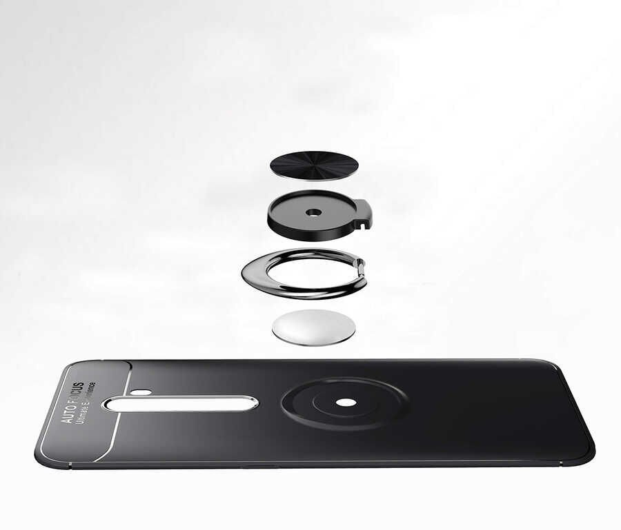 Oppo Reno 2Z Kılıf Kamera Çıkıntılı Renkli Yüzüklü Standlı Mıknatıslı Kapak (RAVEL) Siyah-Mavi