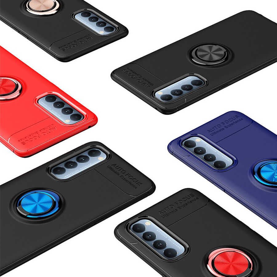 Oppo Reno 4 Pro 4G Kılıf Kamera Çıkıntılı Renkli Yüzüklü Standlı Mıknatıslı Kapak (RAVEL) Kırmızı