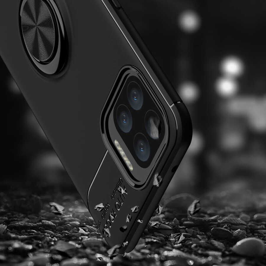 Oppo Reno 4 Lite Kılıf Kamera Çıkıntılı Renkli Yüzüklü Standlı Mıknatıslı Kapak (RAVEL) Siyah-Mavi