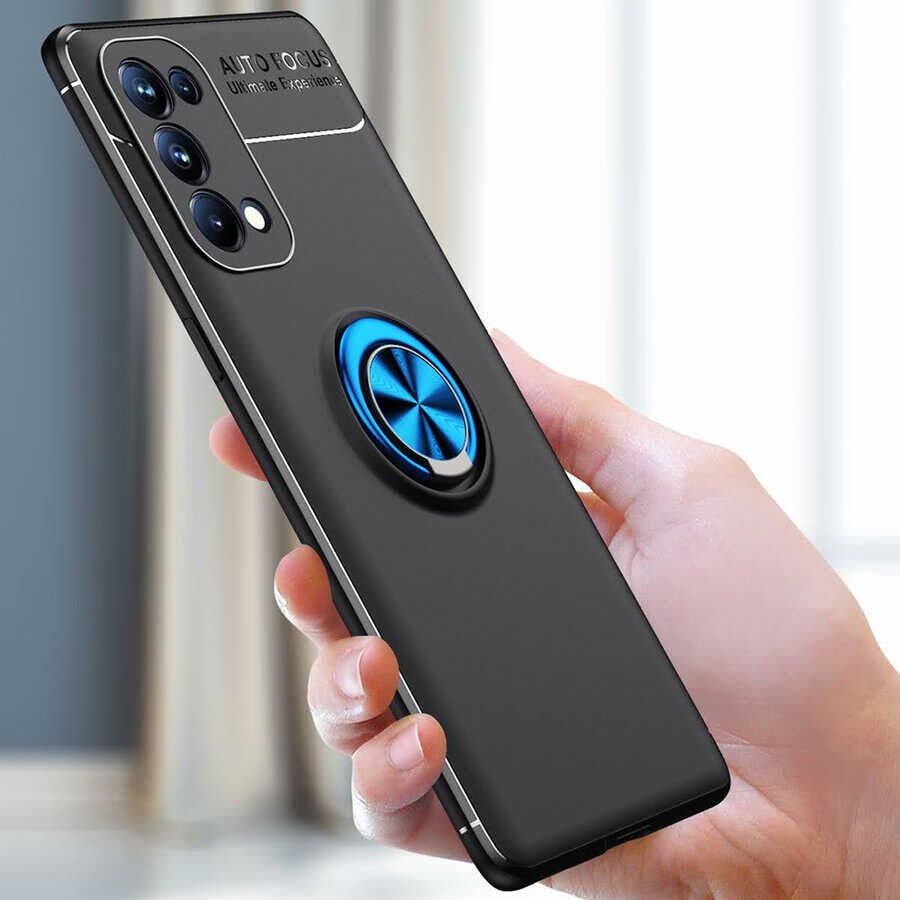 Oppo Reno 5 Pro 5G Kılıf Kamera Çıkıntılı Renkli Yüzüklü Standlı Mıknatıslı Kapak (RAVEL) Siyah
