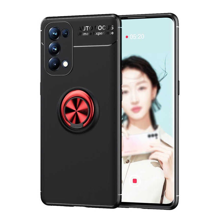 Oppo Reno 5 Pro 5G Kılıf Kamera Çıkıntılı Renkli Yüzüklü Standlı Mıknatıslı Kapak (RAVEL) Siyah-Kırmızı