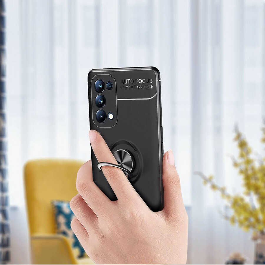 Oppo Reno 5 Pro 5G Kılıf Kamera Çıkıntılı Renkli Yüzüklü Standlı Mıknatıslı Kapak (RAVEL) Siyah-Mavi