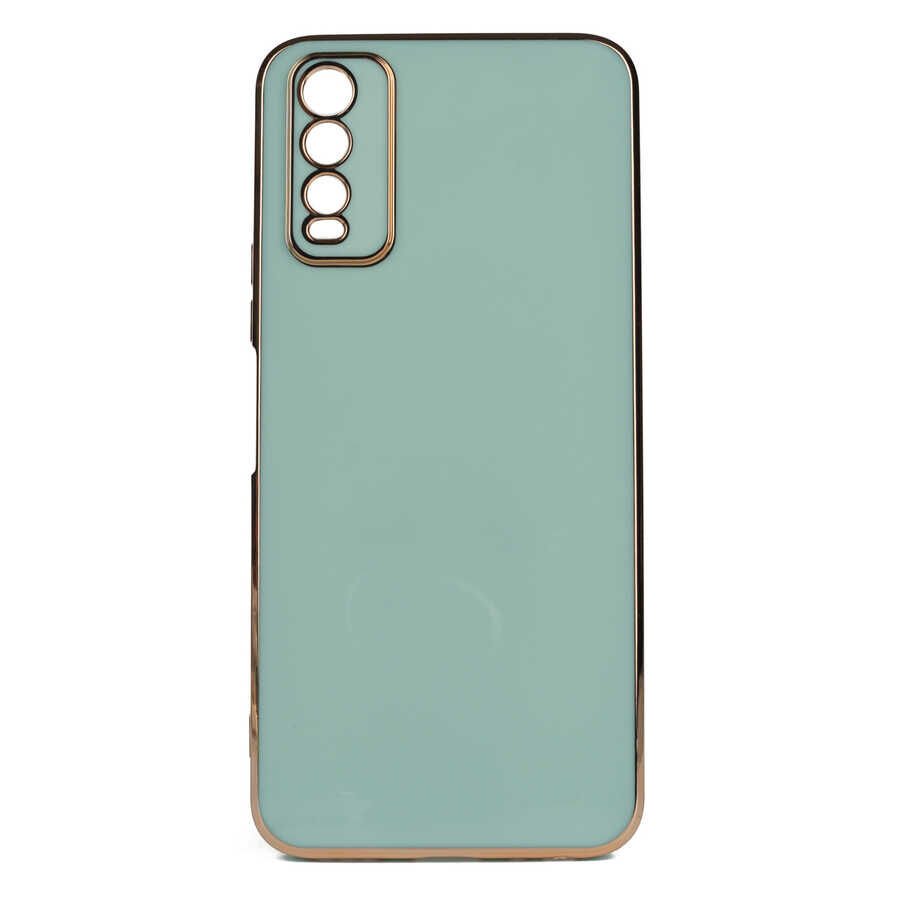 Vivo Y20S Kılıf Parlak Kenarlı Altın Işlemeli Kamera Korumalı Kapak (BARK) Beyaz