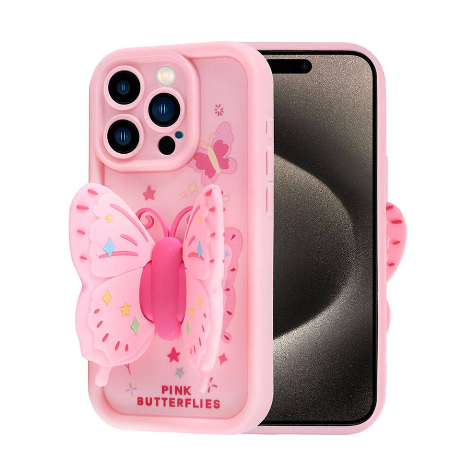 Apple  iPhone 15 Pro Kılıf Kamera Korumalı Figür Tasarımlı Kapak (Kapya) Pembe Koyu