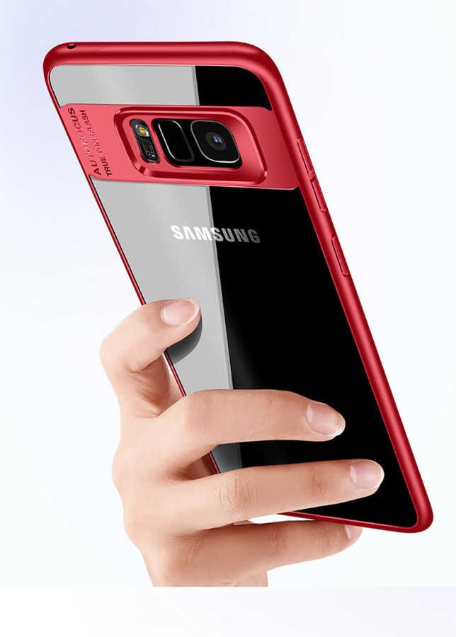 Samsung Galaxy S8 Plus Kılıf Kenarları Silikon Arkası Şeffaf Sert Kapak (BUTTOM) Kırmızı