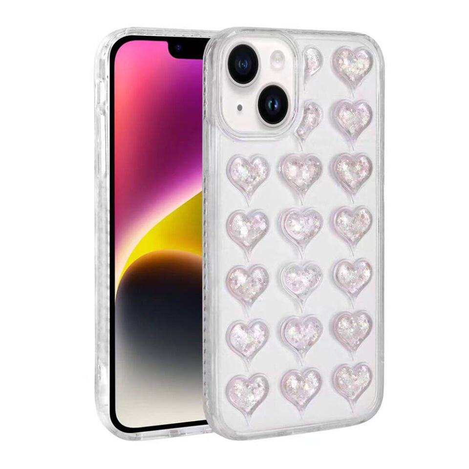 Apple iPhone 14 Kılıf Kamera Korumalı Renkli Kalp Desenli Transparan Kapak (Kalp) Lila