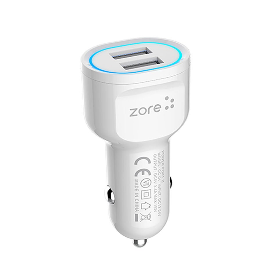 Hızlı Şarj Özellikli LED Işıklı Dual USB Araç Şarj Başlığı 18W (CC-01) Beyaz