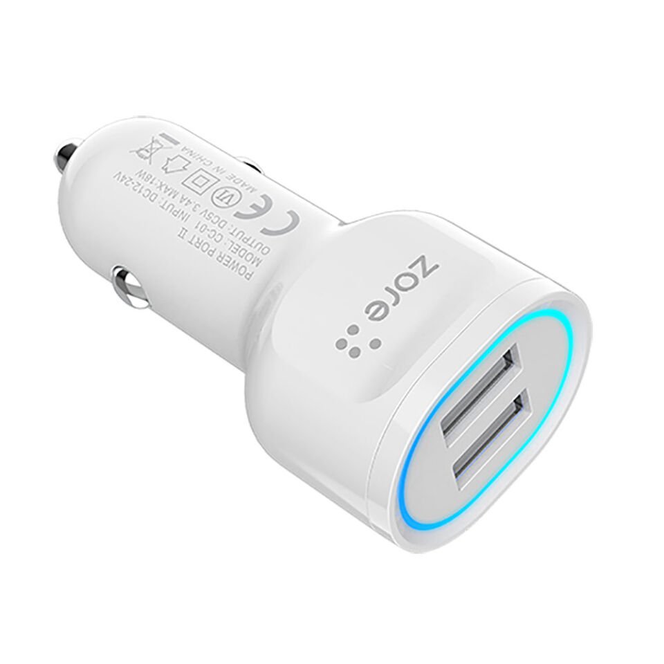 Hızlı Şarj Özellikli LED Işıklı Dual USB Araç Şarj Başlığı 18W (CC-01) Beyaz