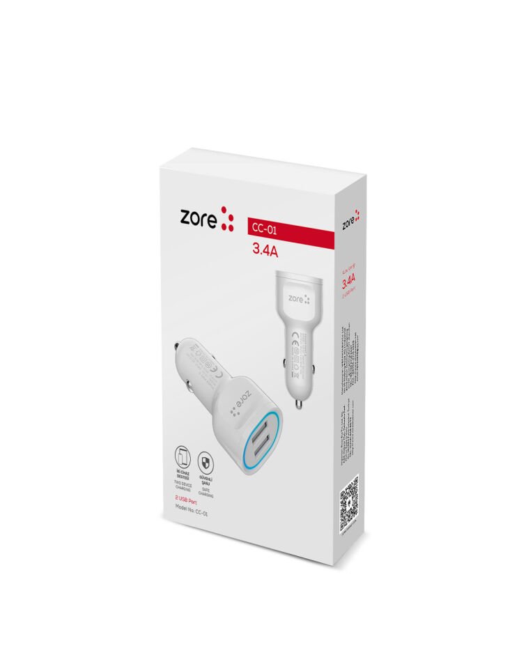 Hızlı Şarj Özellikli LED Işıklı Dual USB Araç Şarj Başlığı 18W (CC-01) Beyaz