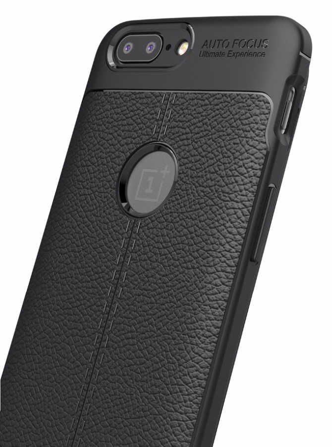 One Plus 5 Kılıf Deri Görünümlü Renk Atmayan Dayanaklı Silikon Kapak (NİSS) Siyah