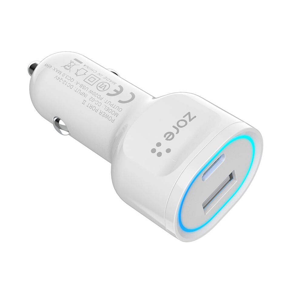CC-02 Hızlı Şarj Özellikli LED Işıklı QC 3.0 USB-A ve Type-C PD Araç Şarj Başlığı PD 20W Beyaz