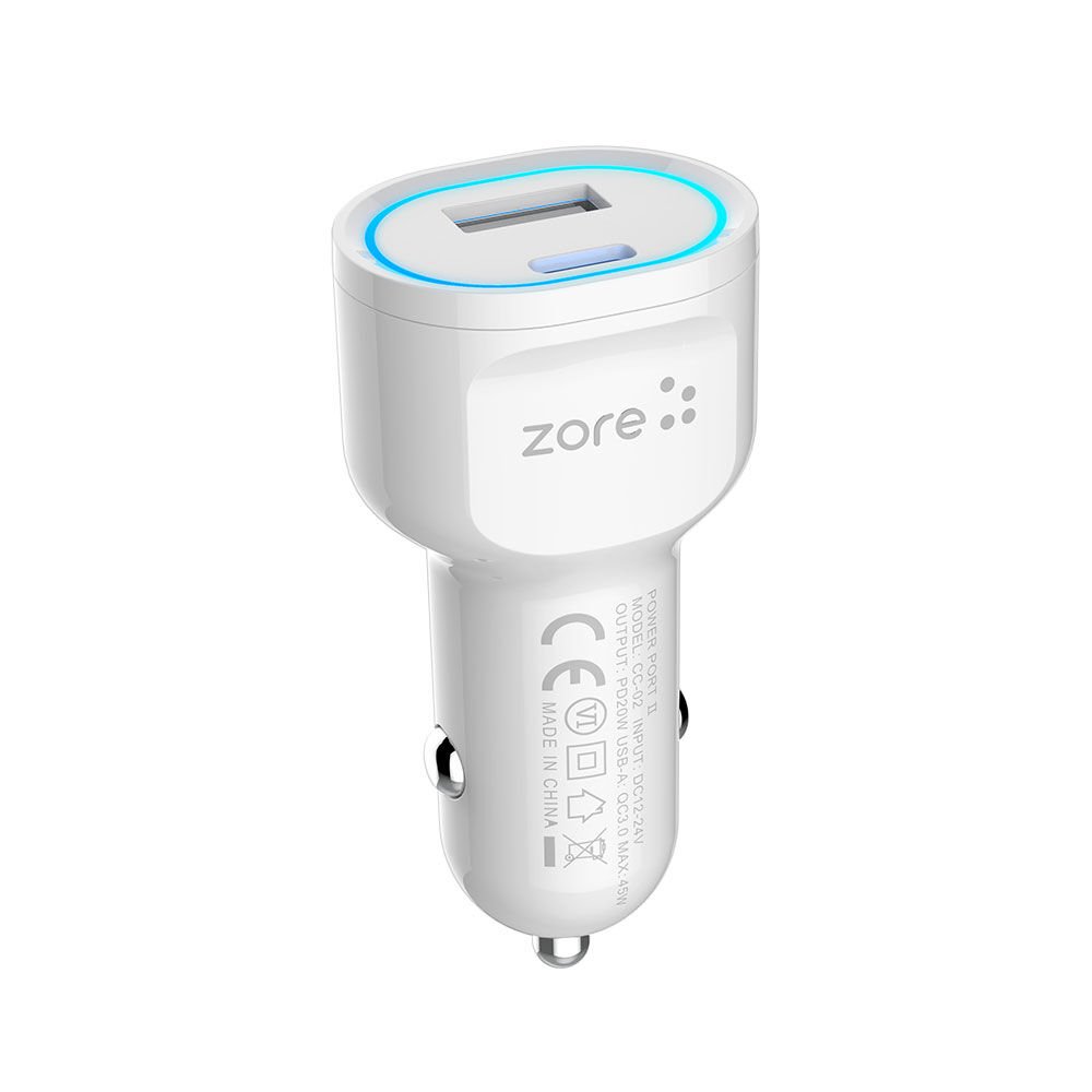 CC-02 Hızlı Şarj Özellikli LED Işıklı QC 3.0 USB-A ve Type-C PD Araç Şarj Başlığı PD 20W Beyaz