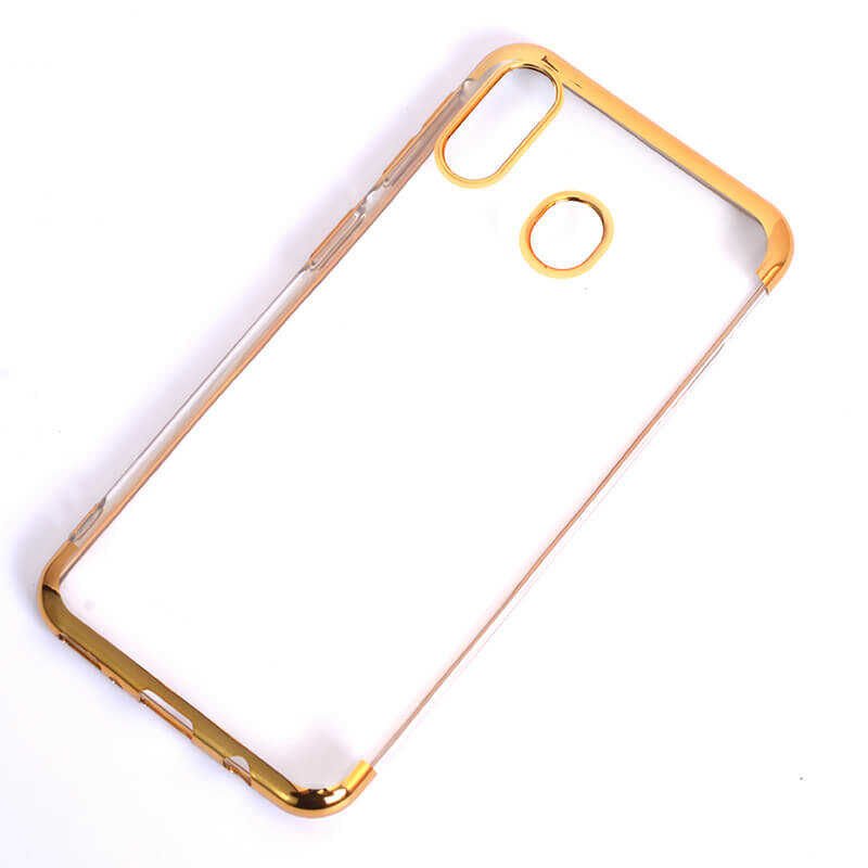 Samsung Galaxy A30 Kılıf Dört Köşe Renkli Lazer Şeffaf Silikon Kapak (GLİTTER) Gold