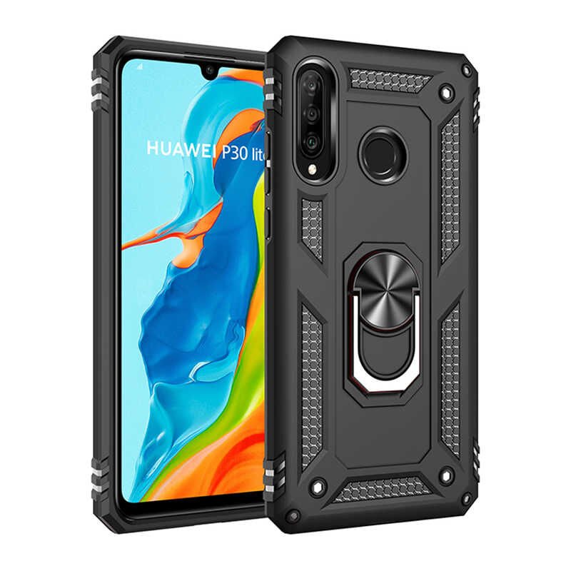Huawei P30 Lite Kılıf Tank Zırh Yüzüklü Mıknatıslı Standlı Kapak (VEGA) Rose Gold