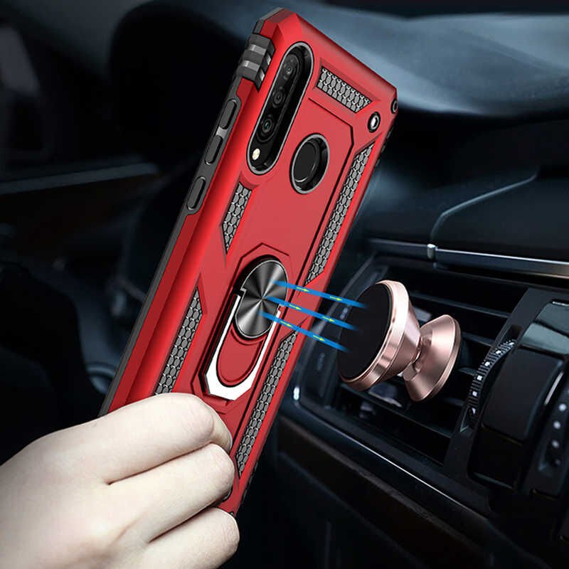Huawei P30 Lite Kılıf Tank Zırh Yüzüklü Mıknatıslı Standlı Kapak (VEGA) Rose Gold