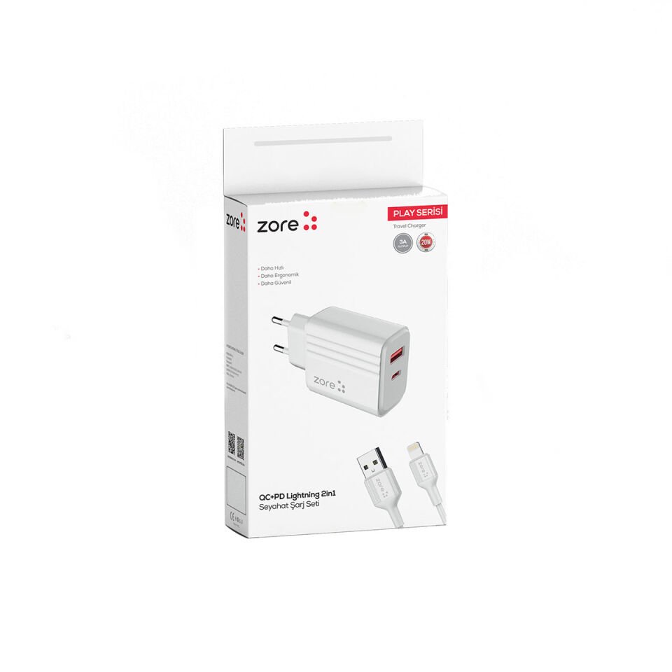 Play Serisi PL3 Lightning 2in1 Seyahat Şarj Aleti 20W Beyaz