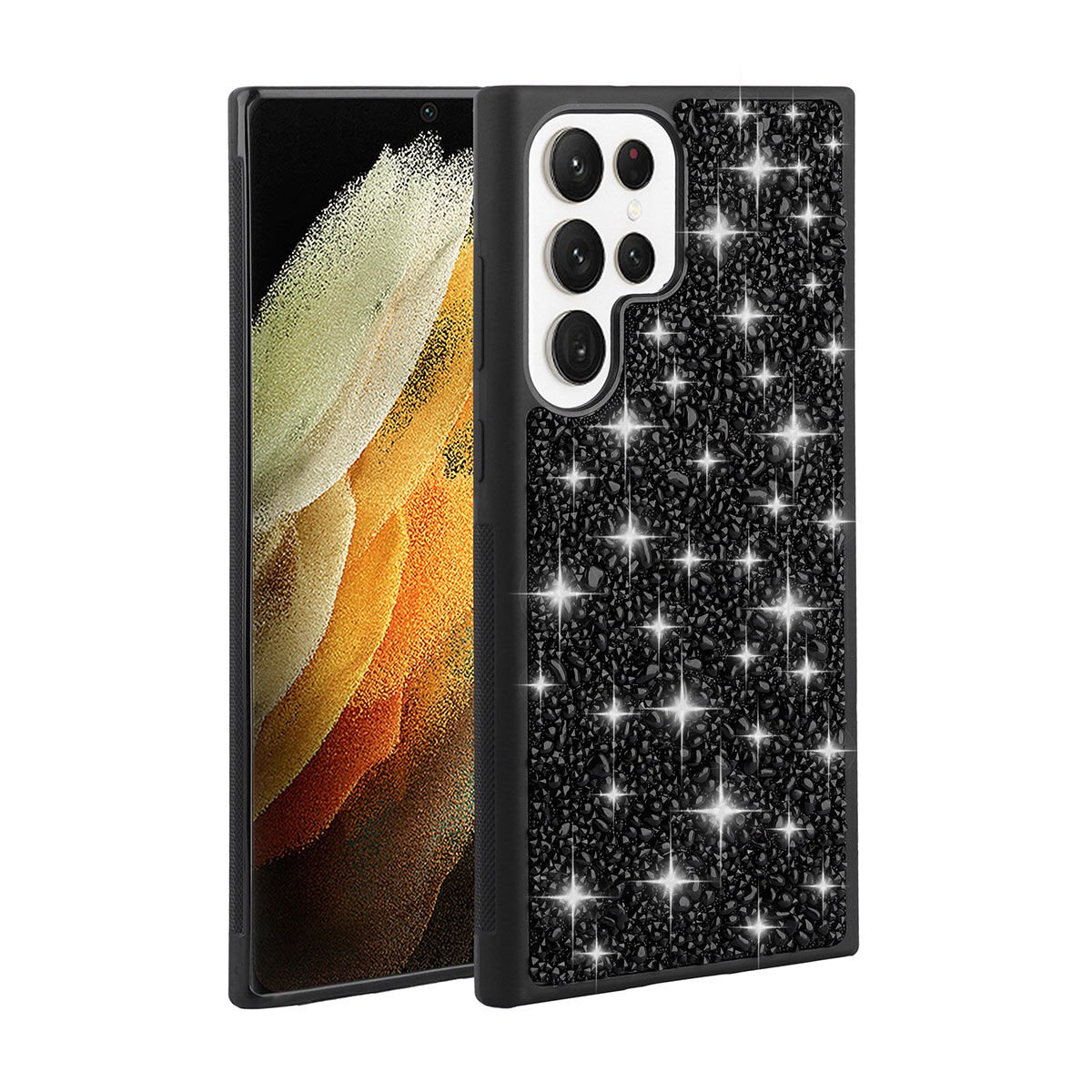 Samsung Galaxy S23 Ultra Kılıf Kamera Çıkıntılı Parlak Taşlı Tasarım Renkli Koruyucu Kapak (Linea) Siyah