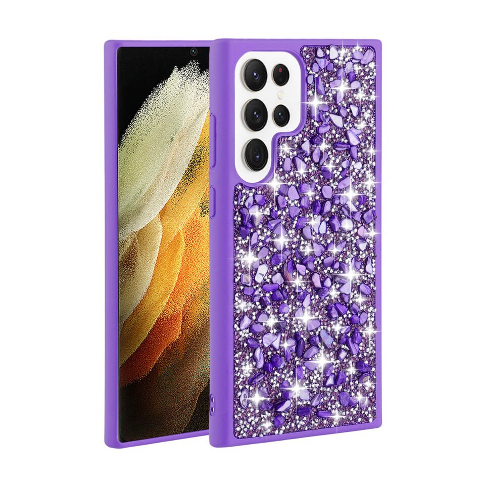 Samsung Galaxy S23 Ultra Kılıf Kamera Çıkıntılı Parlak Taşlı Tasarım Renkli Koruyucu Kapak (Linea) Mor