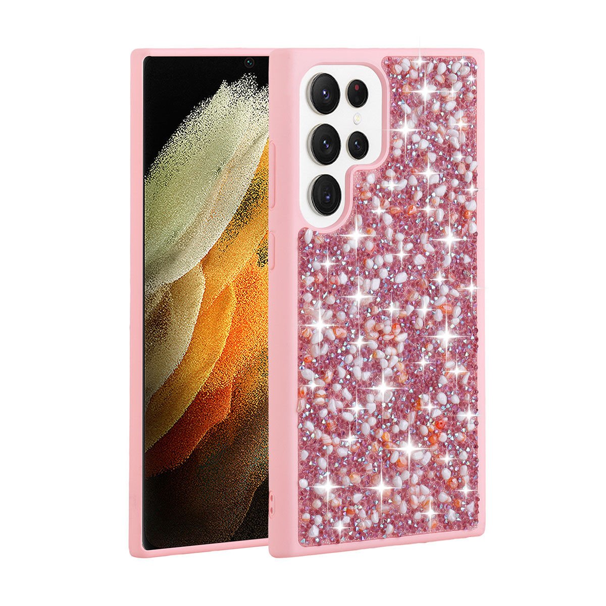 Samsung Galaxy S23 Ultra Kılıf Kamera Çıkıntılı Parlak Taşlı Tasarım Renkli Koruyucu Kapak (Linea) Pembe