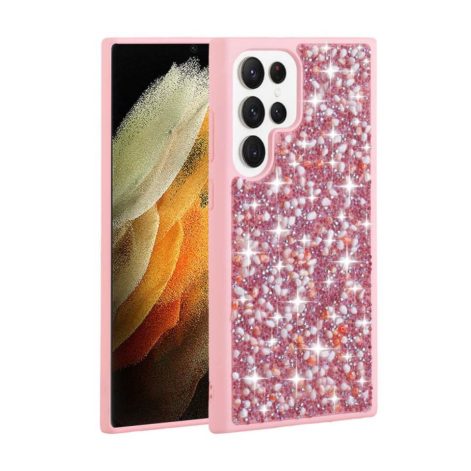 Samsung Galaxy S23 Ultra Kılıf Kamera Çıkıntılı Parlak Taşlı Tasarım Renkli Koruyucu Kapak (Linea) Pembe