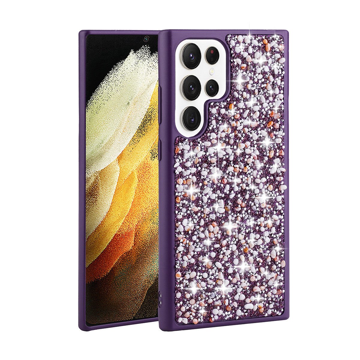 Samsung Galaxy S23 Ultra Kılıf Kamera Çıkıntılı Parlak Taşlı Tasarım Renkli Koruyucu Kapak (Linea) Derin Mor