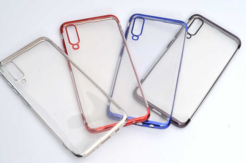 Samsung Galaxy A70 Kılıf Dört Köşe Renkli Lazer Şeffaf Silikon Kapak (GLİTTER) Mavi
