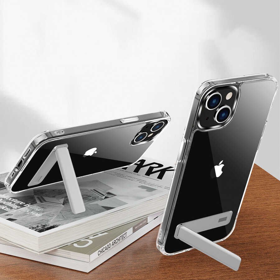 Apple iPhone 14 Kılıf Standlı Şeffaf Silikon HEPTEKİLETİŞİM L-Stand Kapak