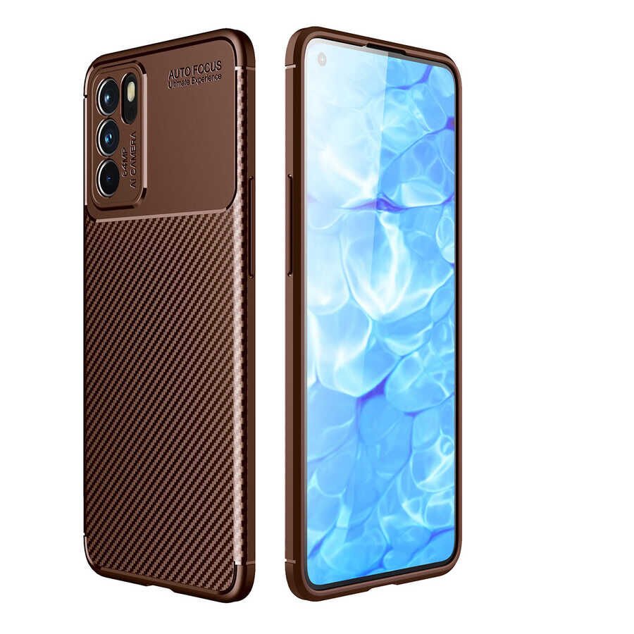 Oppo Reno 6 4G Kılıf Kamera Çıkıntılı Karbon Fiber Dokulu Renk Atmaz Kapak (NEGRO) Kahverengi