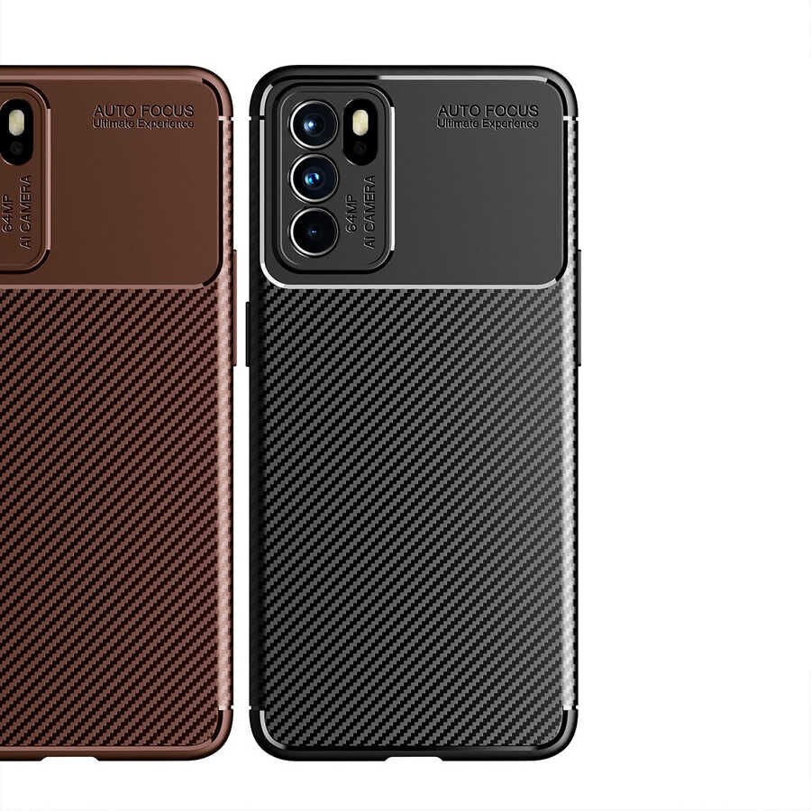 Oppo Reno 6 4G Kılıf Kamera Çıkıntılı Karbon Fiber Dokulu Renk Atmaz Kapak (NEGRO) Kahverengi