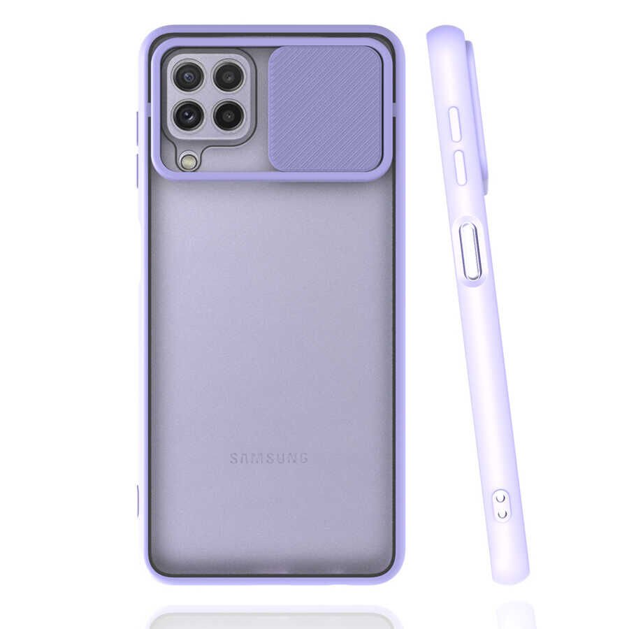 Samsung Galaxy A22 4G Kılıf Slayt Sürgülü Kamera Korumalı Renkli Silikon Kapak Lila