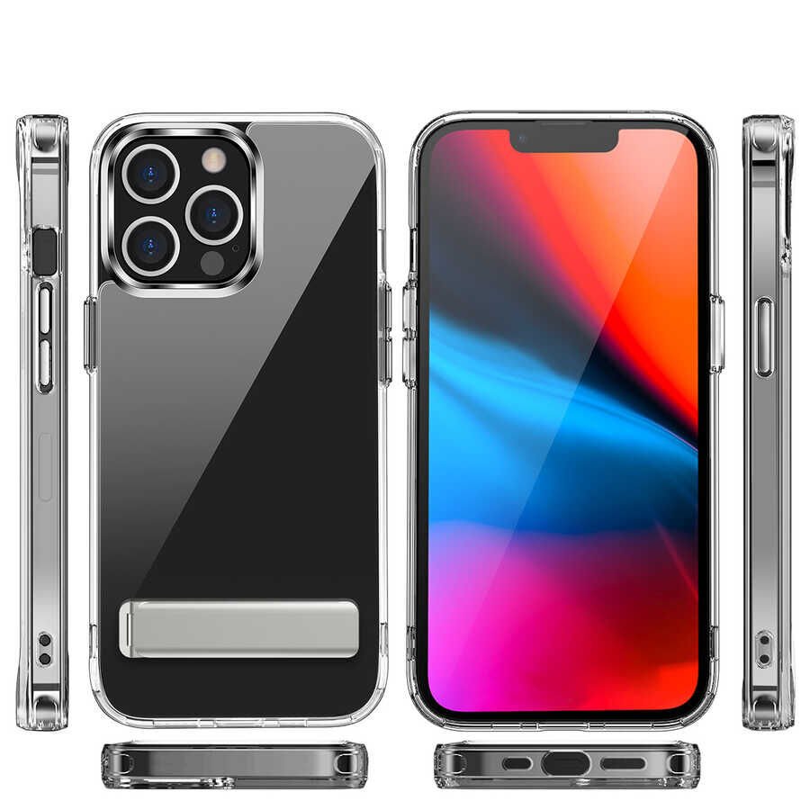Apple iPhone 14 Pro Max Kılıf Standlı Şeffaf Silikon HEPTEKİLETİŞİM L-Stand Kapak