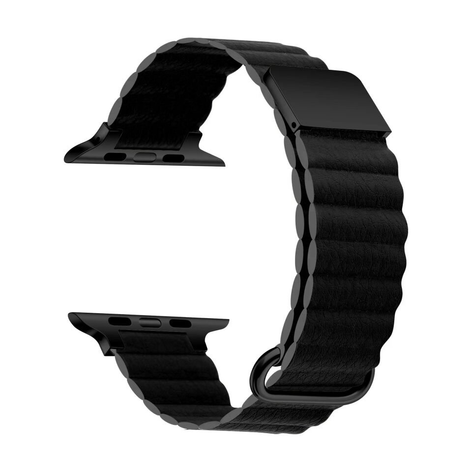 Apple Watch 2/3/4/5/6/7/8/se/nike 38mm 40mm 41mm Suni Deri Metal Kordon Tasarım (KRD-78) Siyah