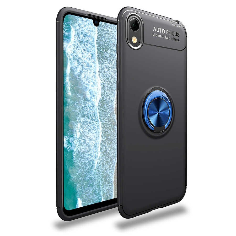 Huawei Y5 2019 Kılıf Kamera Çıkıntılı Renkli Yüzüklü Standlı Mıknatıslı Kapak (RAVEL) Siyah-Mavi