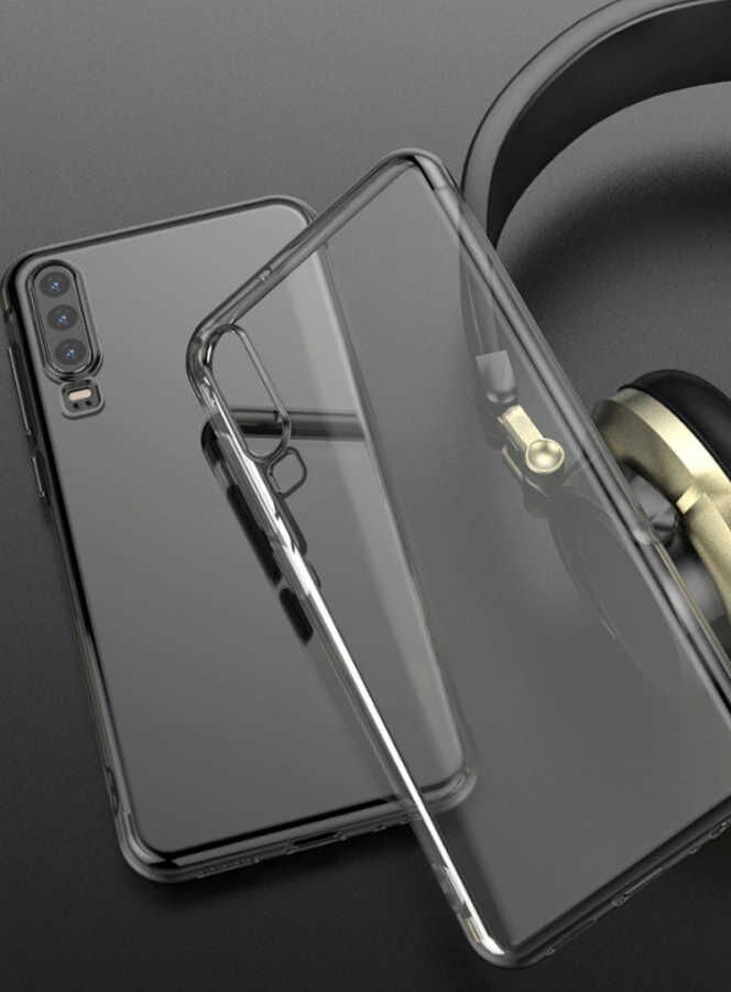 Huawei P30 Kılıf Dört Köşe Renkli Lazer Şeffaf Silikon Kapak (GLİTTER) Siyah