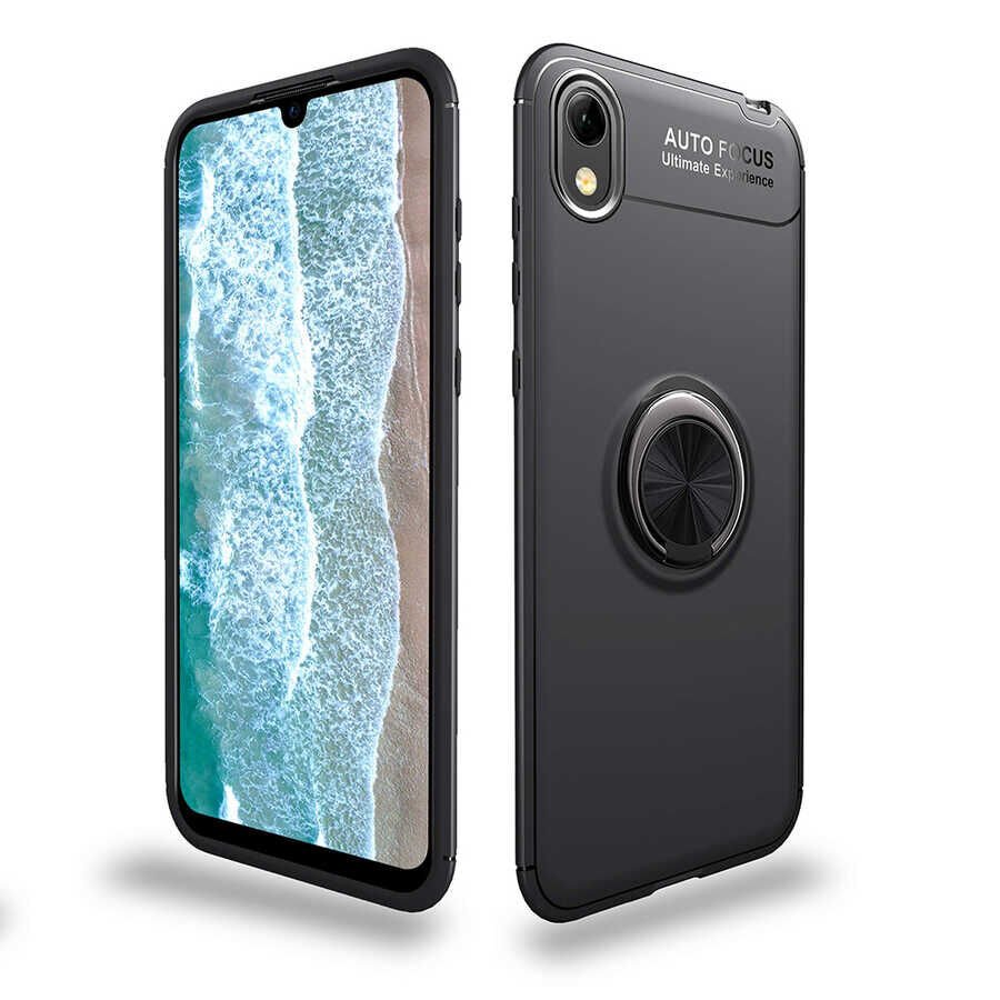 Huawei Y5 2019 Kılıf Kamera Çıkıntılı Renkli Yüzüklü Standlı Mıknatıslı Kapak (RAVEL) Siyah-Rose Gold