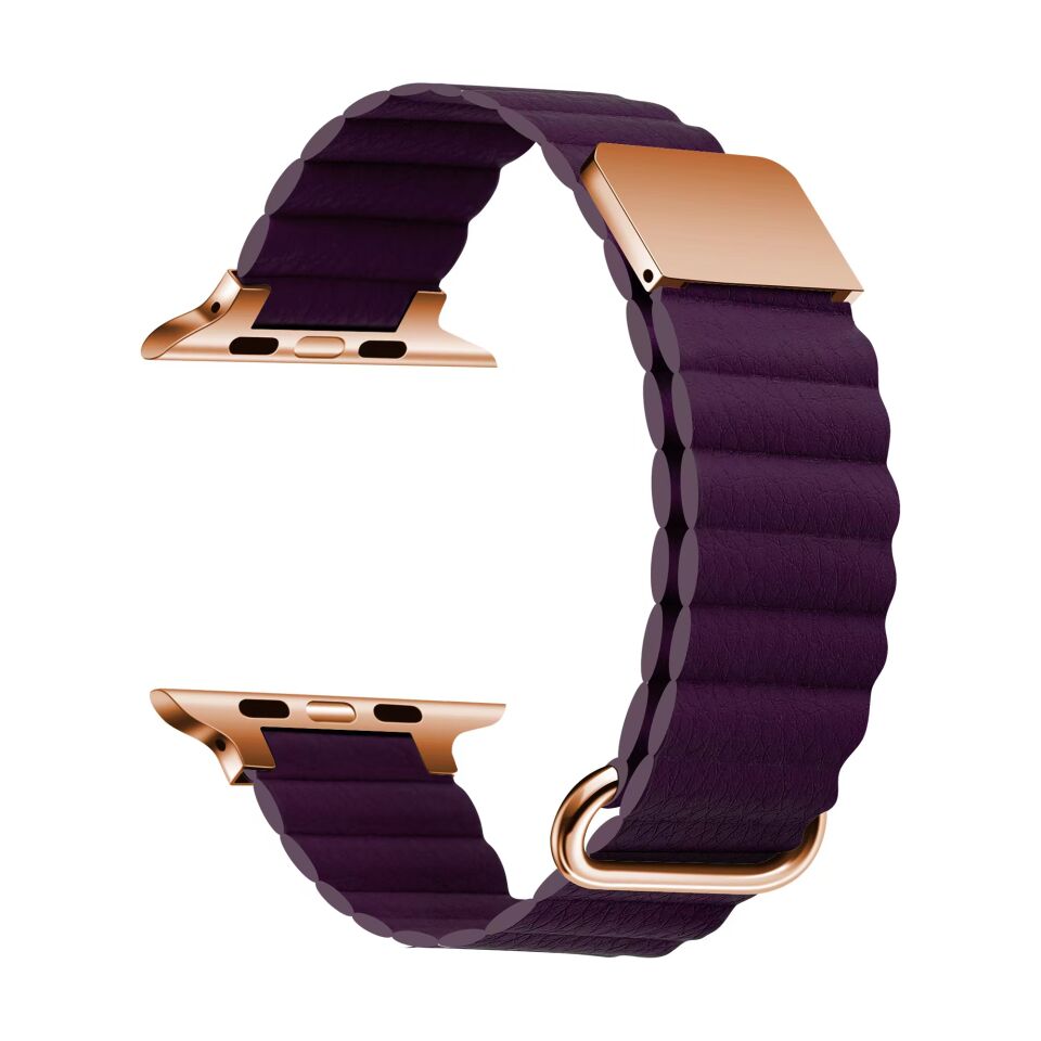 Apple Watch 2/3/4/5/6/7/8/se/nike 38mm 40mm 41mm Suni Deri Metal Kordon Tasarım (KRD-78) Mürdüm