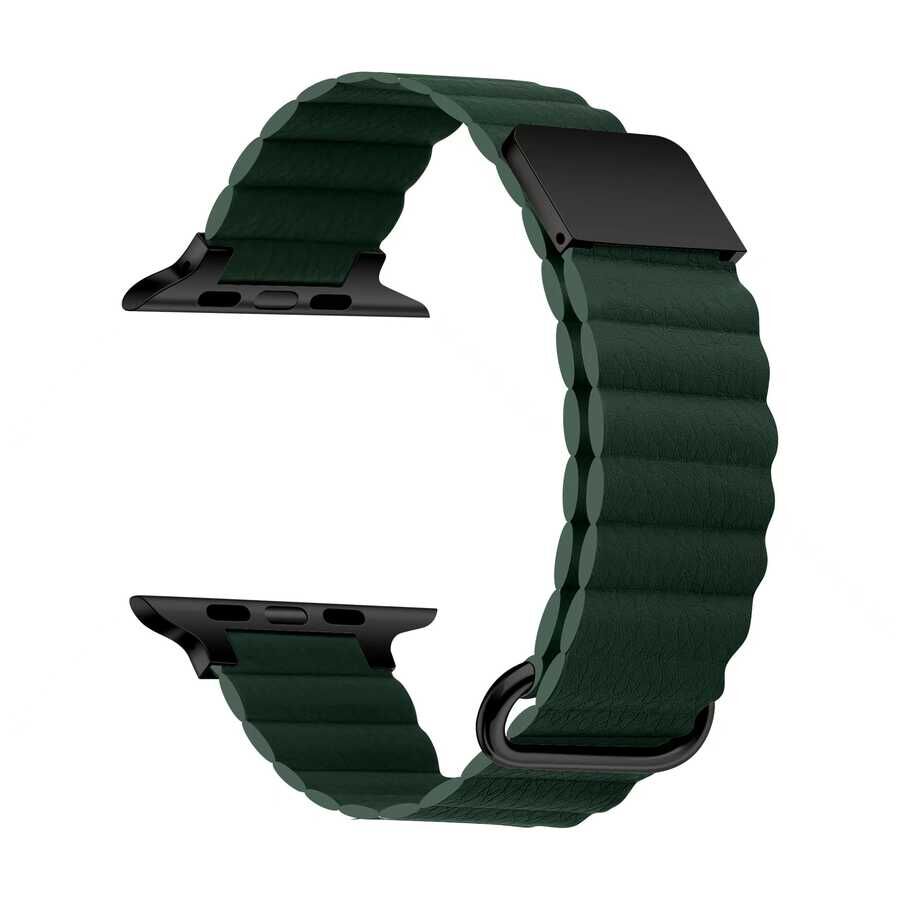 Apple Watch 2/3/4/5/6/7/8/se/nike 38mm 40mm 41mm Suni Deri Metal Kordon Tasarım (KRD-78) Koyu Yeşil