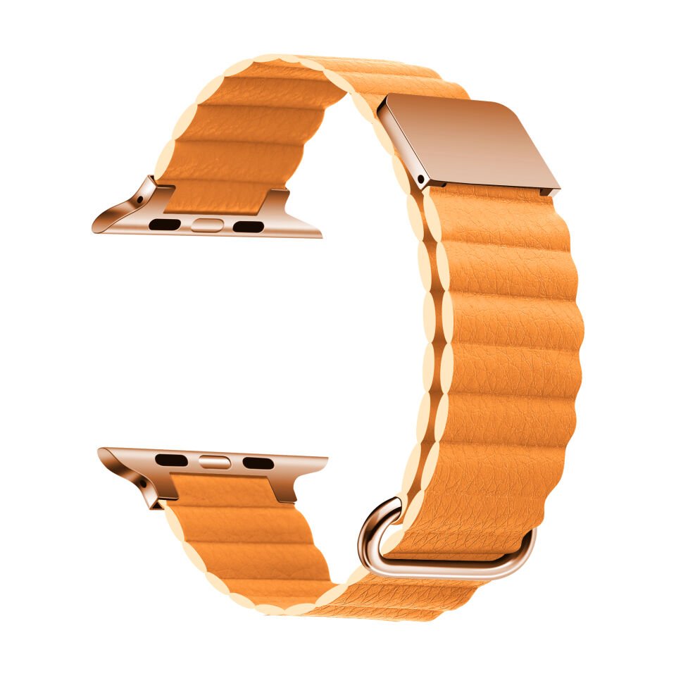 Apple Watch 2/3/4/5/6/7/8/se/nike 38mm 40mm 41mm Suni Deri Metal Kordon Tasarım (KRD-78) Turuncu