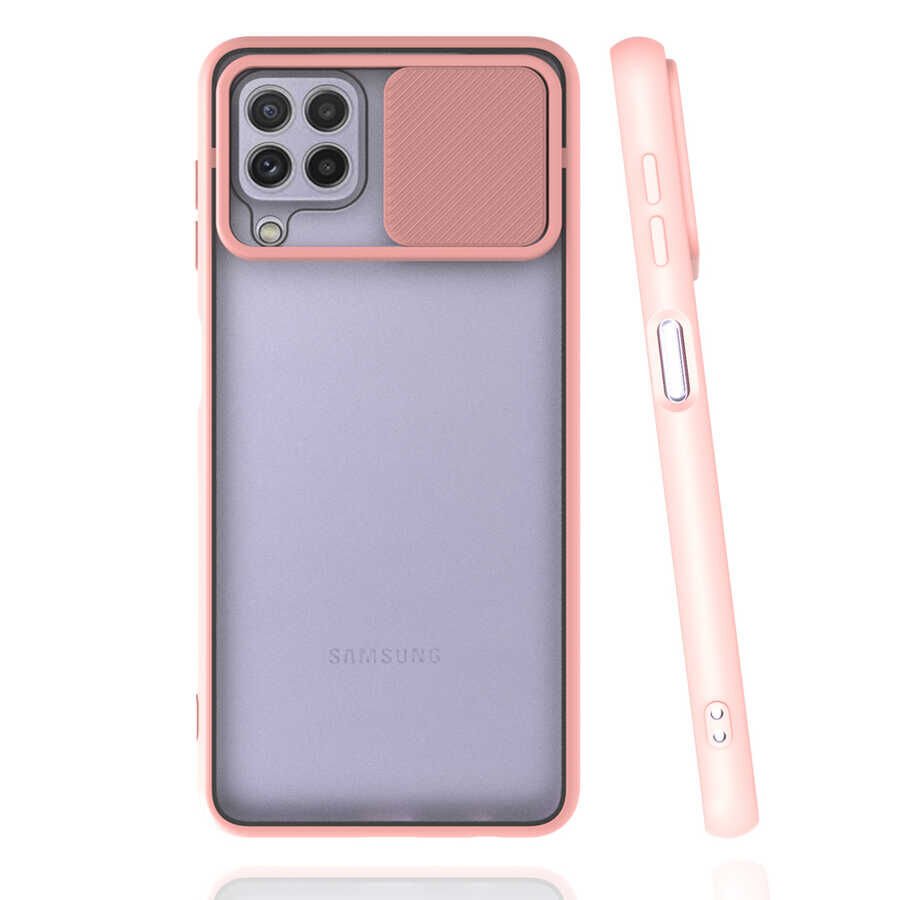 Samsung Galaxy M32 Kılıf Slayt Sürgülü Kamera Korumalı Renkli Silikon Kapak Pembe Açık