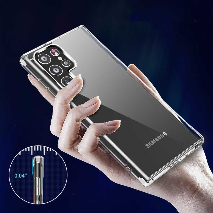 Samsung Galaxy S22 Ultra Kılıf Kamera Çıkıntılı Sararmaz Şeffaf Sert Metal Pürüzsüz Kapak (fors) Renksiz