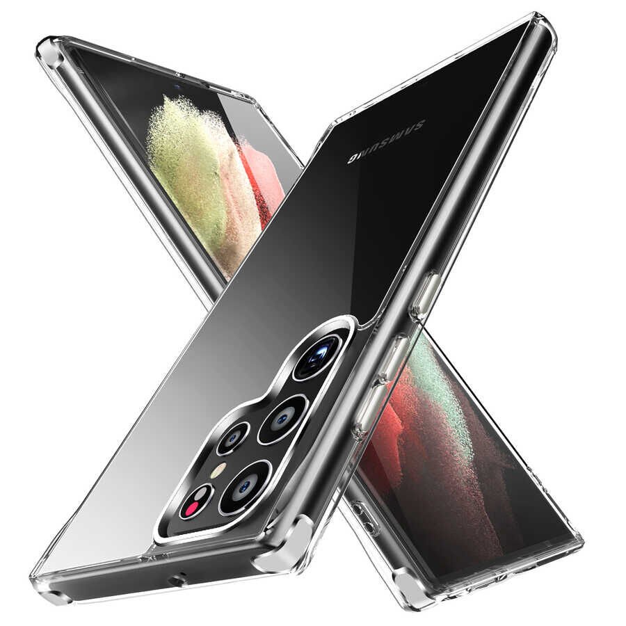 Samsung Galaxy S22 Ultra Kılıf Kamera Çıkıntılı Sararmaz Şeffaf Sert Metal Pürüzsüz Kapak (fors) Renksiz