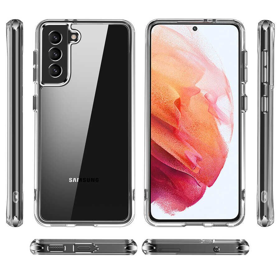 Samsung Galaxy S21 FE Kılıf Kamera Çıkıntılı Sararmaz Şeffaf Sert Metal Buton Pürüzsüz Kapak (fors) Renksiz
