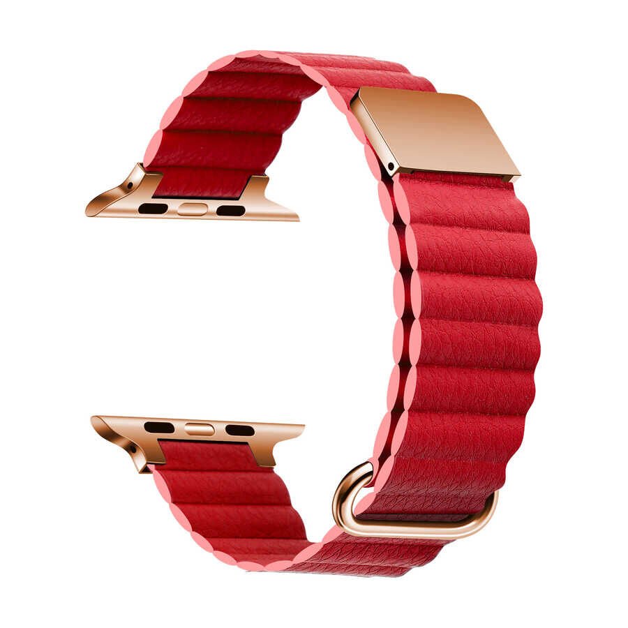 Apple Watch 2/3/4/5/6/7/8/se/ultra/nike 42mm 44mm 45mm 49mm Suni Deri Metal Kordon Tasarım (KRD-78) Kırmızı