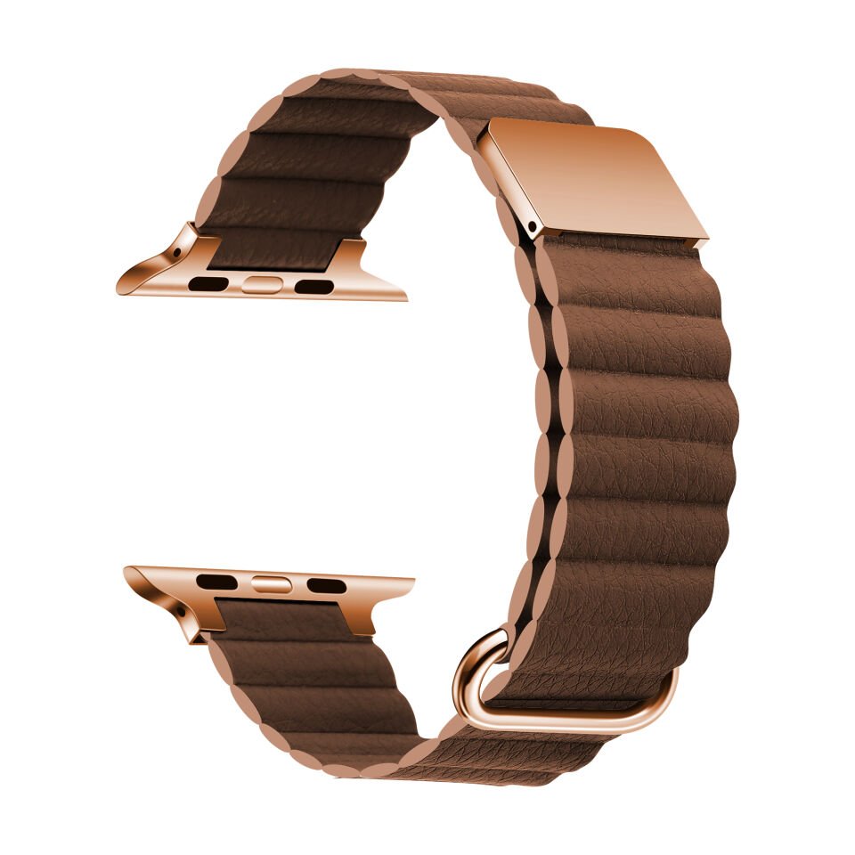 Apple Watch 2/3/4/5/6/7/8/se/ultra/nike 42mm 44mm 45mm 49mm Suni Deri Metal Kordon Tasarım (KRD-78) Kahverengi