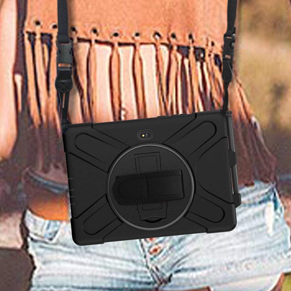 Samsung Galaxy Tab Active Pro 10.1 T540 Kılıf Askılı Standlı Tank Koruyucu Dönen Kapak (DEFENDER) Siyah
