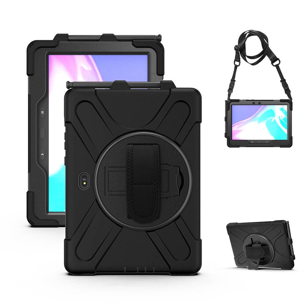 Samsung Galaxy Tab Active Pro 10.1 T540 Kılıf Askılı Standlı Tank Koruyucu Dönen Kapak (DEFENDER) Siyah